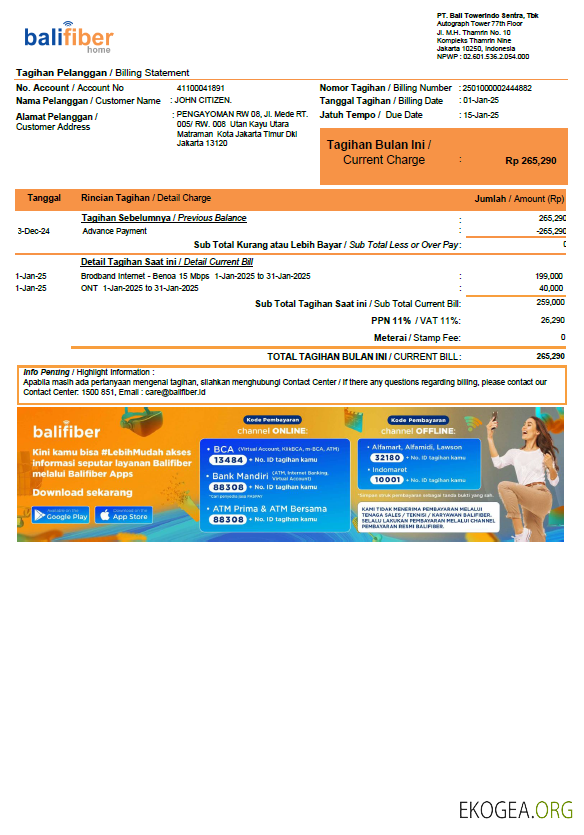 Indonesia Balifiber utility bill template in Word and PDF formats